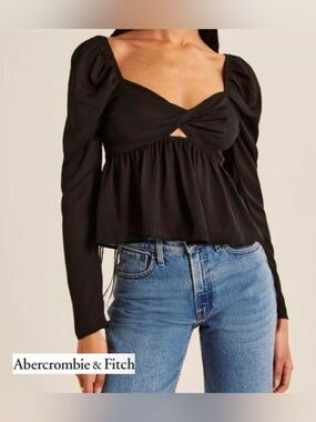 Abercrombie & Fitch Black Twist-Front Puff-Sleeve Long Sleeve Top